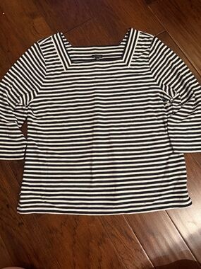 Talbots Navy & White Striped Square-Neck Long Sleeve Tee